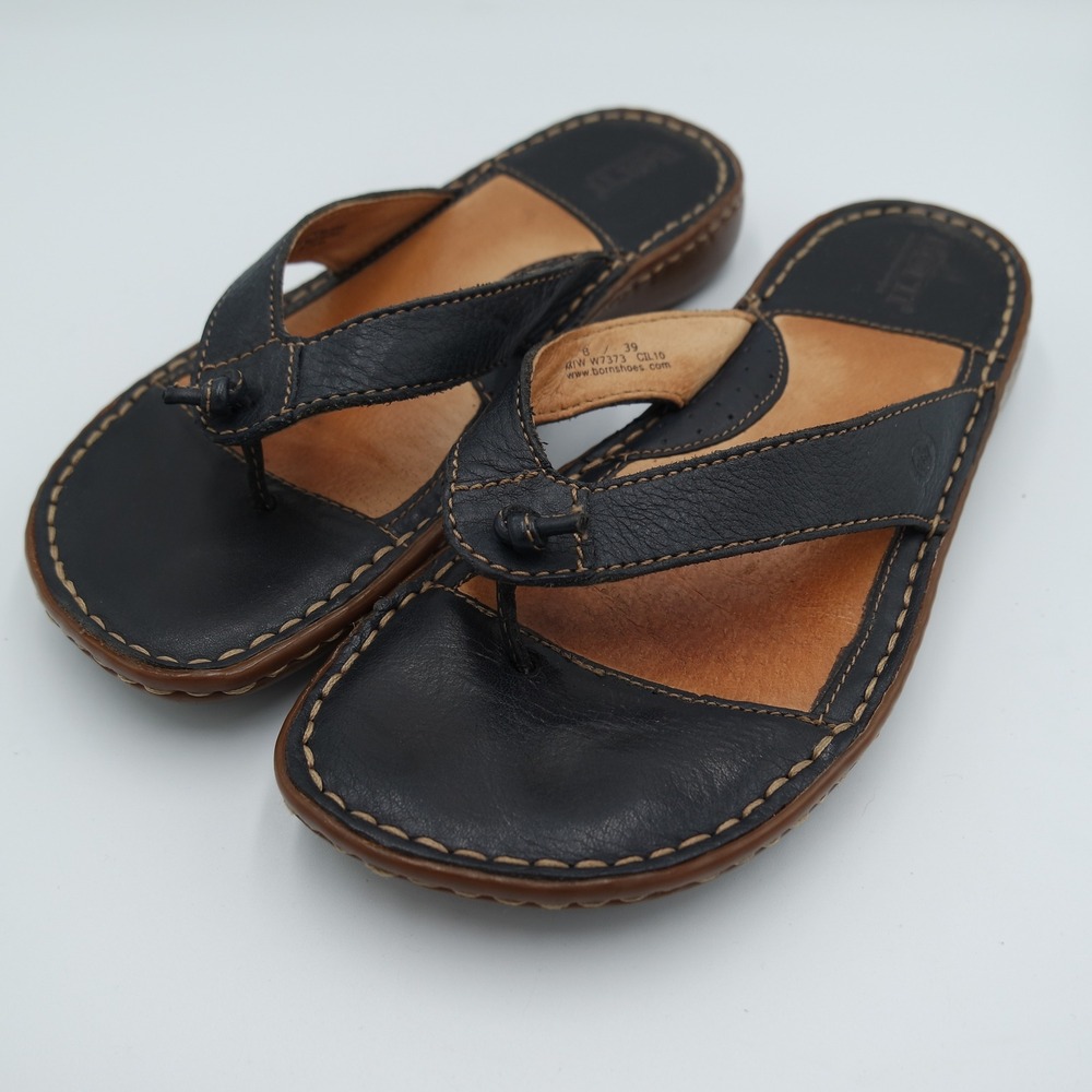 BORN Women's Black Leather Handcrafted Flip Flop Thong Sandals Size 8 - Picture 2 of 7